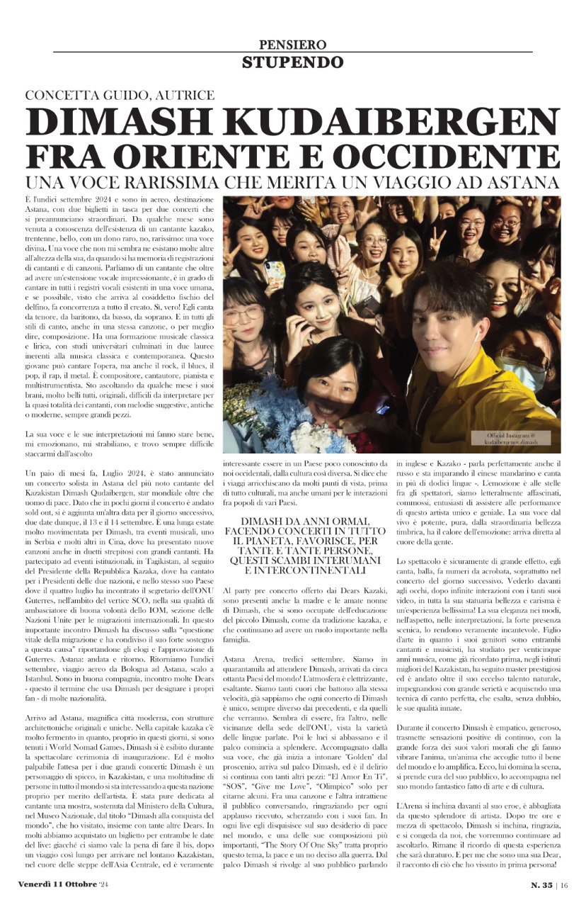 Italian Publication on Dimash's Concerts in Astana